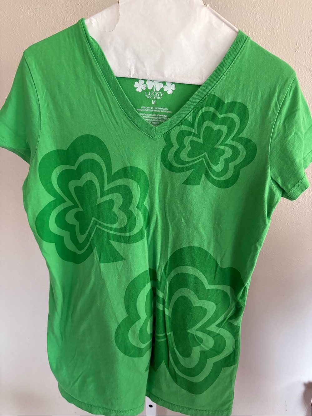 Lucky Brand Green V-Neck Shamrock Graphic Tee